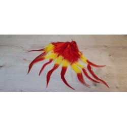 Lot de 10 Plumes naturelles de coq vrillées bicolore Jaune et Rouge